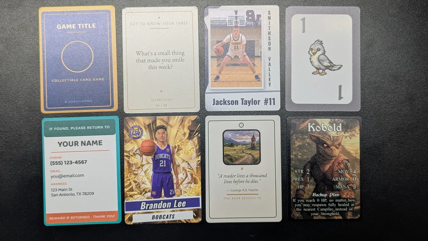 Custom cards by Kulworks: card layout and design, sports trading cards, game and prototype decks, and keepsake cards, fronts and backs