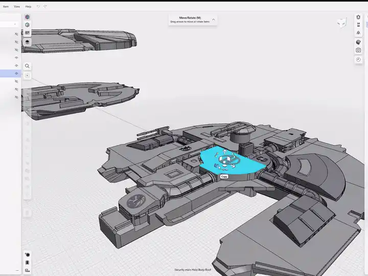 Custom 3D models designed in Shapr3D: a full library of parts and props, a rotating droideka model, and finished renders