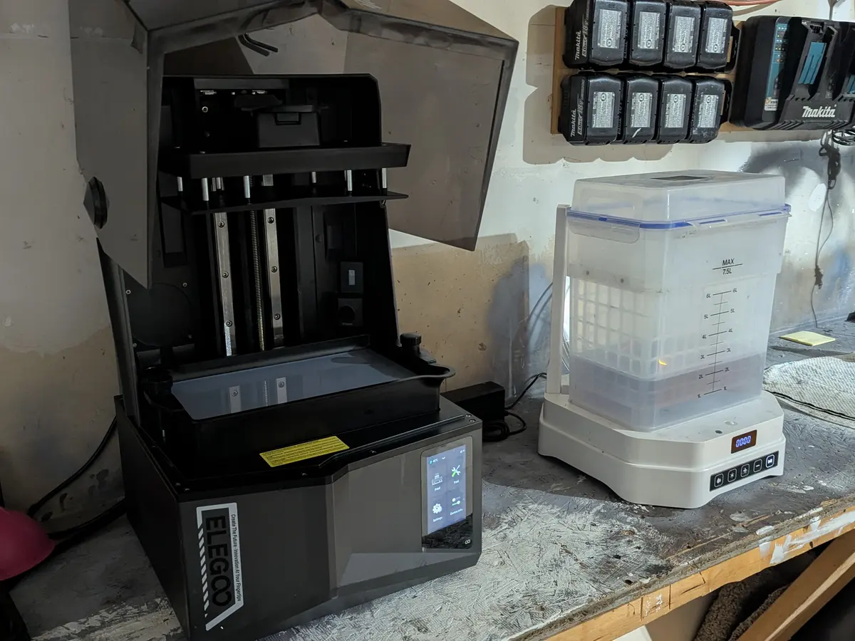 Resin printer and wash-and-cure station in the Kulworks shop